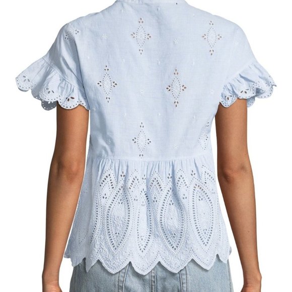 Joie Cerelia Striped Broderie Anglaise Trimmed Cotton Top Peplum Blue - Picture 7 of 9
